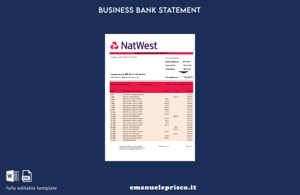modello di modello Word e PDF di estratto conto aziendale NatWest Bank in stile 